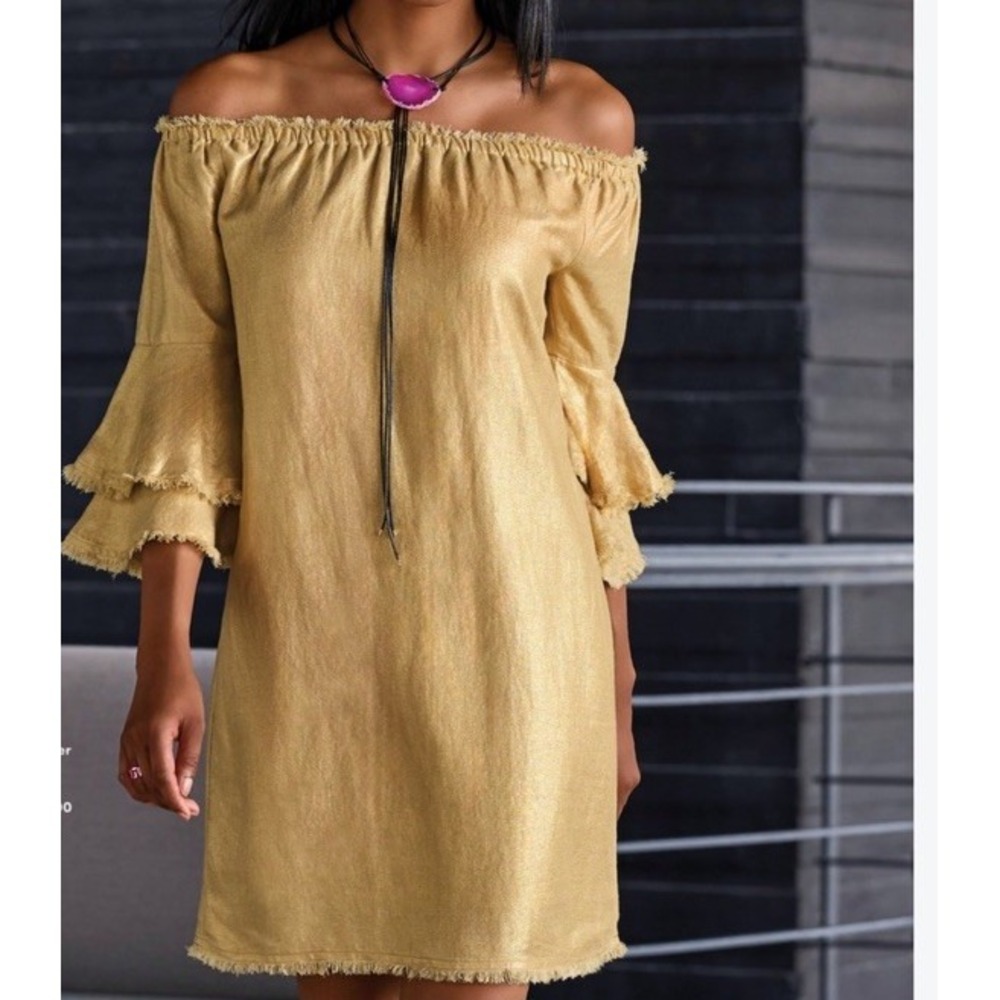 Boston Proper Off The Shoulder Shift Dress Gold Medium Linen Tiered Sleeve